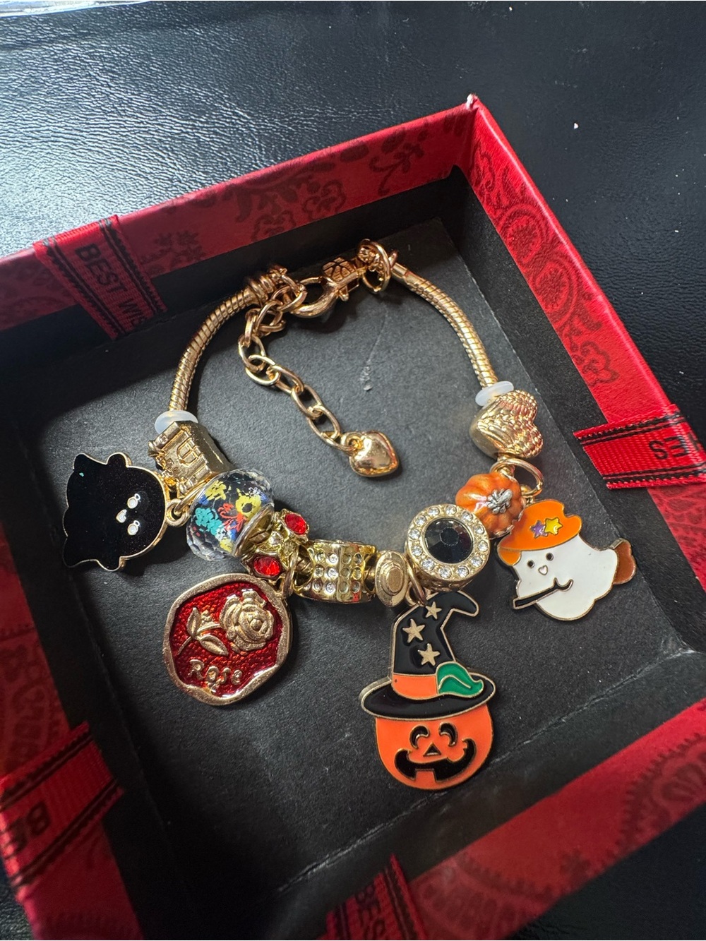 Gold-Tone Halloween Charm Bracelet with Orange & Black Accents